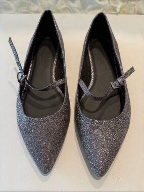 ASOS Glitter Pointed Mary Jane Flats - Silver